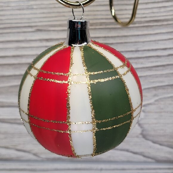 Bradford Plaid Christmas Trimmeries Glass Tree Ornaments Stripes Red Green White - Picture 5 of 9